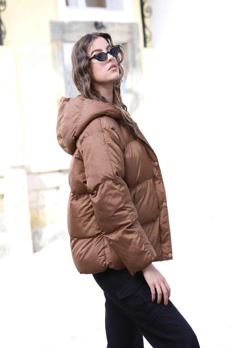 HOOD ZIPPER ONE COLOR WOMAN PUFFER JACKET BROWN/KAFE - 2