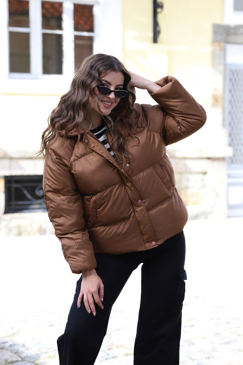 HOOD ZIPPER ONE COLOR WOMAN PUFFER JACKET BROWN/KAFE - 3