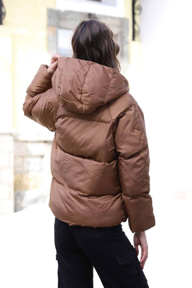 HOOD ZIPPER ONE COLOR WOMAN PUFFER JACKET BROWN/KAFE - 4