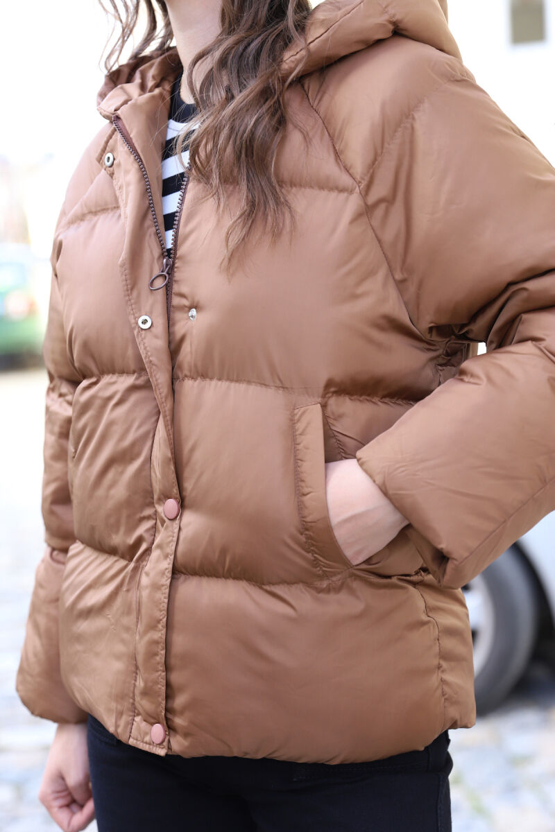 HOOD ZIPPER ONE COLOR WOMAN PUFFER JACKET BROWN/KAFE - 6