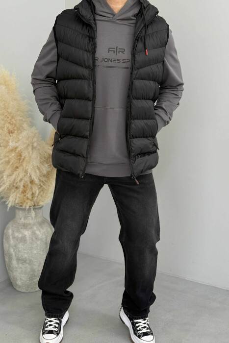 HOOD ZIPPER POCKET MEN VEST BLACK/ E ZEZE - 5