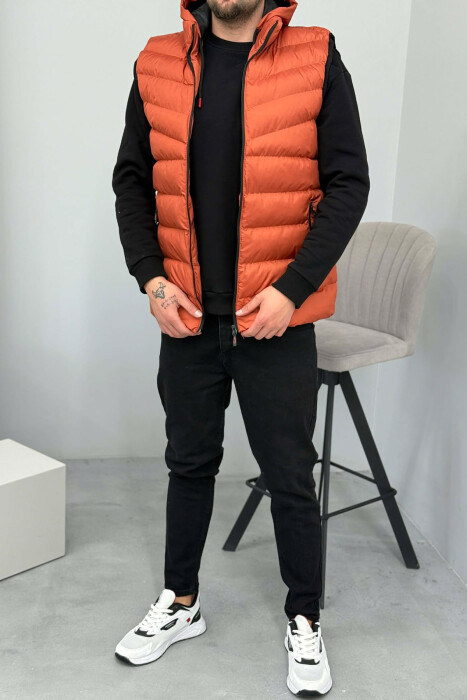 HOOD ZIPPER POCKET MEN VEST BRICK/TULLE - KLAUDIO FASHION