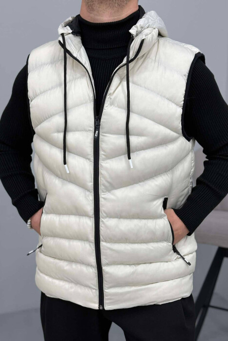 HOOD ZIPPER POCKET MEN VEST IN CREAM COLOR 