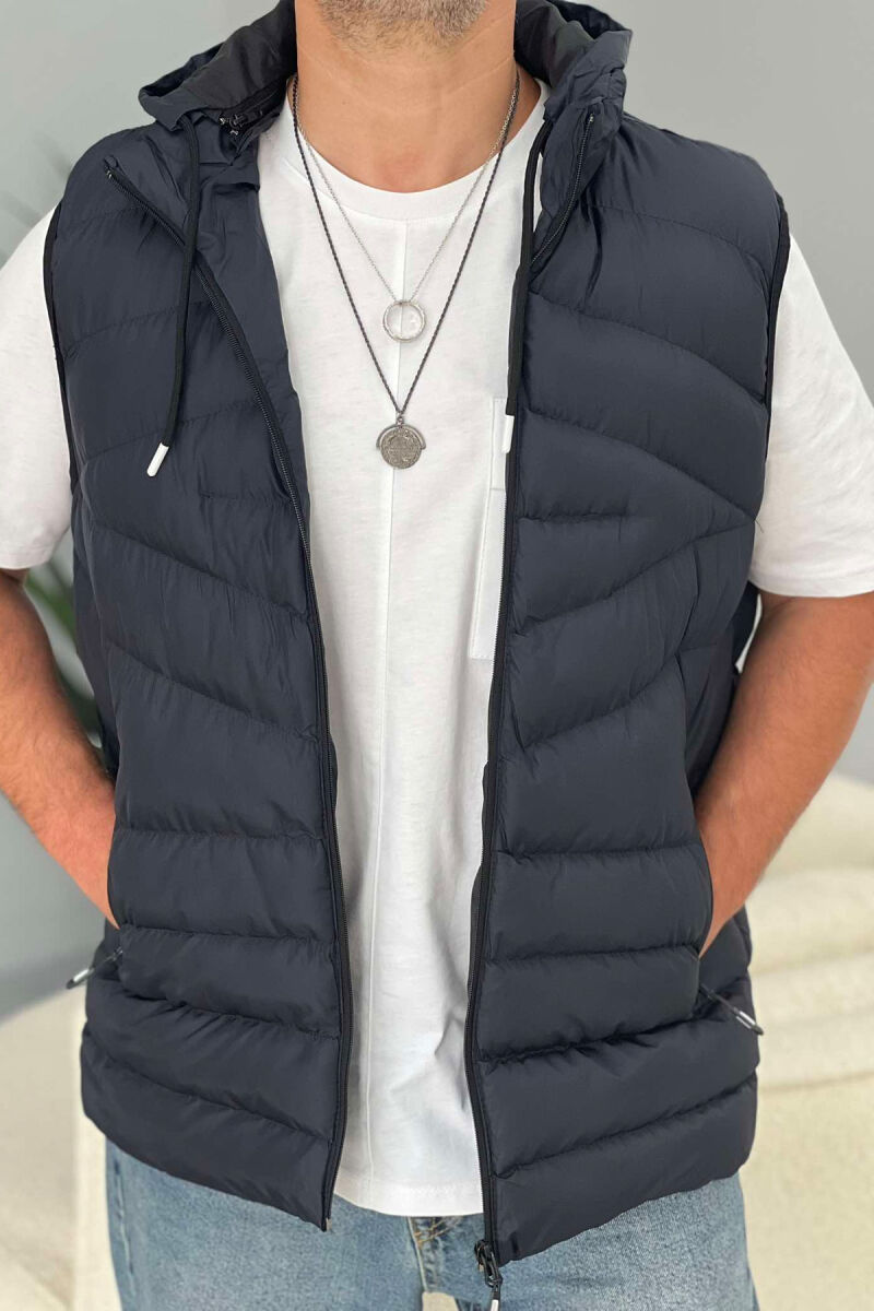 HOOD ZIPPER POCKET MEN VEST DARK BLUE/BEE - 2