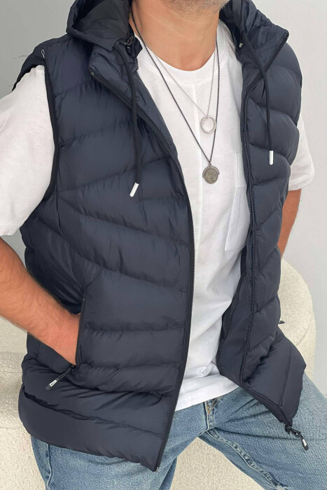 HOOD ZIPPER POCKET MEN VEST DARK BLUE/BEE - 3