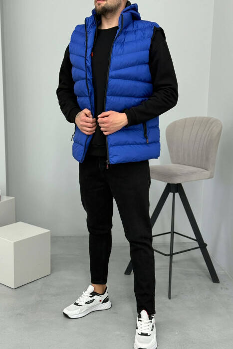 HOOD ZIPPER POCKET MEN VEST ELECTRIC BLUE/BLEL - 1