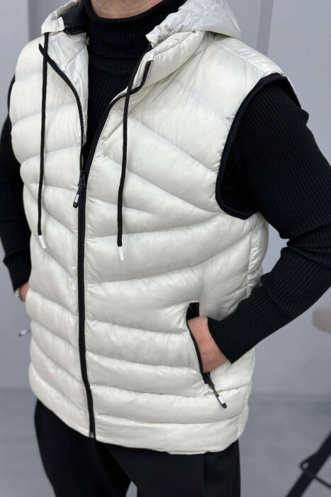 HOOD ZIPPER POCKET MEN VEST IN CREAM COLOR - 3