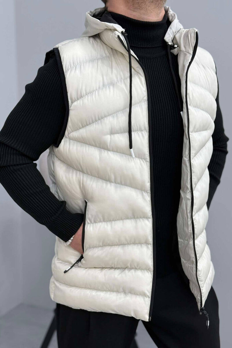 HOOD ZIPPER POCKET MEN VEST IN CREAM COLOR - 4