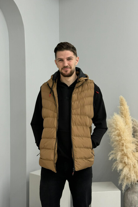 HOOD ZIPPER POCKET MEN VEST LIGHT BROWN/KAZB - 9