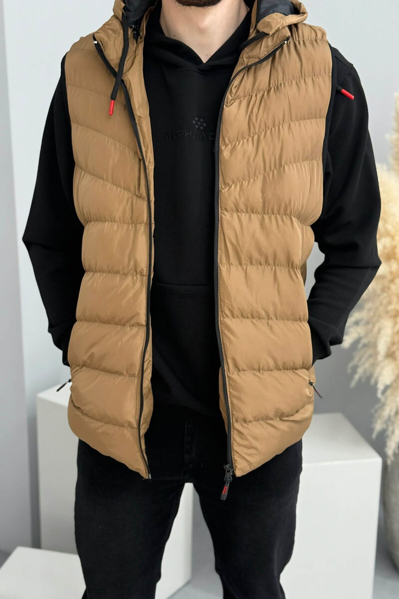 HOOD ZIPPER POCKET MEN VEST LIGHT BROWN/KAZB - 7