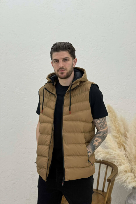 HOOD ZIPPER POCKET MEN VEST LIGHT BROWN/KAZB - 1
