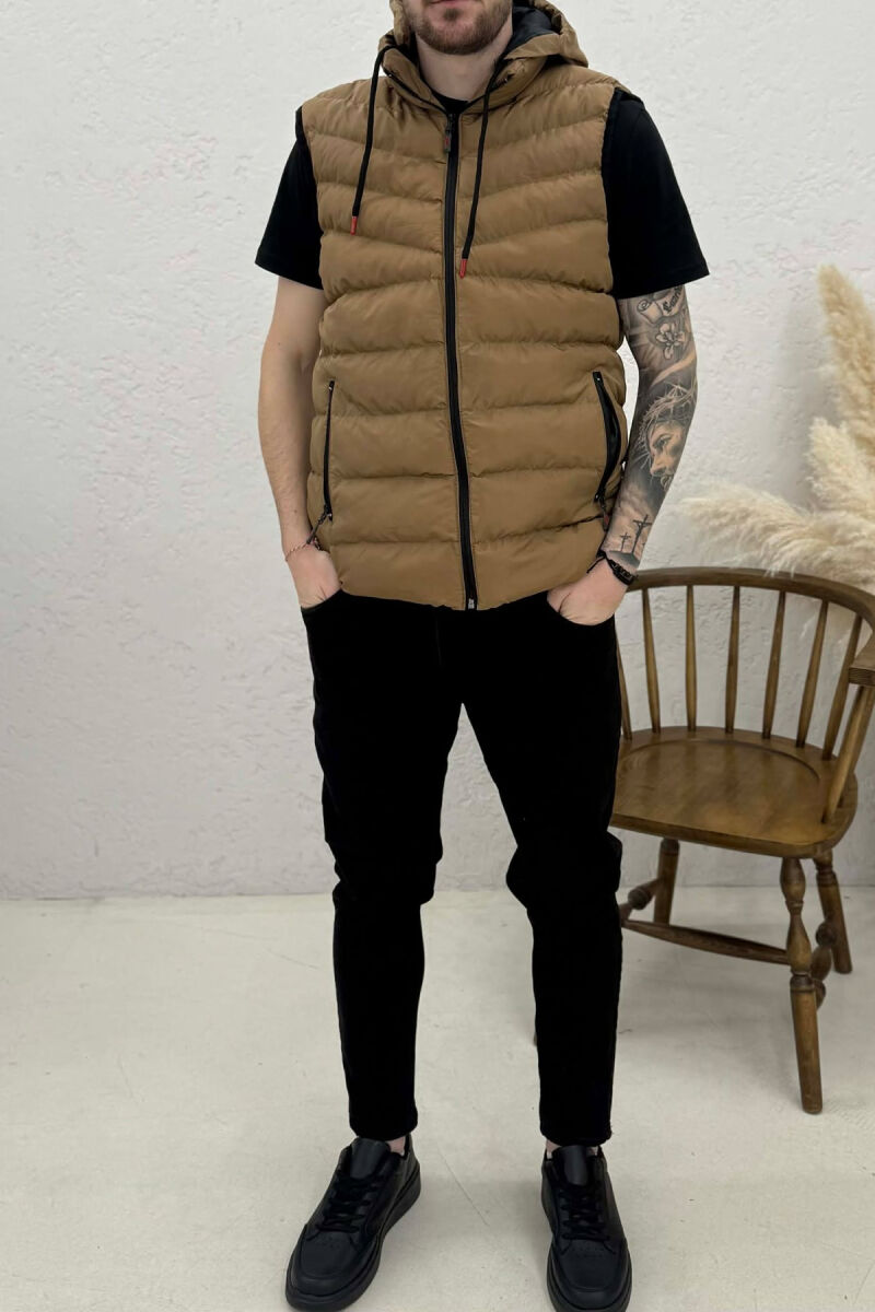 HOOD ZIPPER POCKET MEN VEST LIGHT BROWN/KAZB - 2