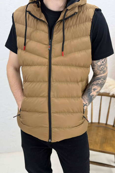 HOOD ZIPPER POCKET MEN VEST LIGHT BROWN/KAZB - 3