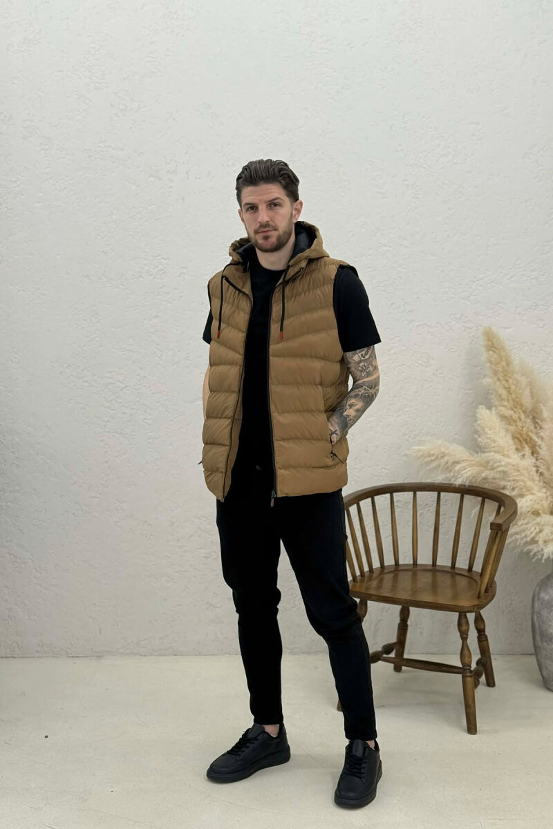 HOOD ZIPPER POCKET MEN VEST LIGHT BROWN/KAZB - 4