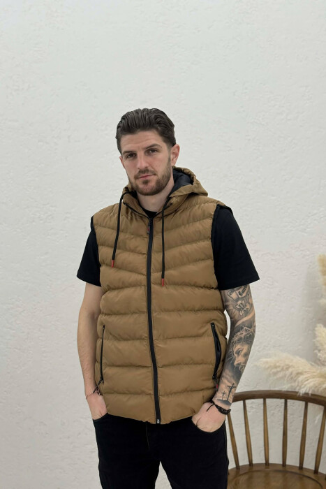HOOD ZIPPER POCKET MEN VEST LIGHT BROWN/KAZB - 5