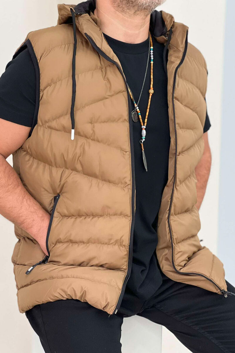 HOOD ZIPPER POCKET MEN VEST LIGHT BROWN/KAZB - 2