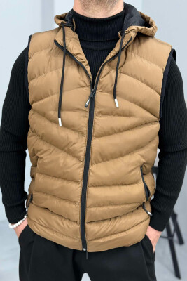 HOOD ZIPPER POCKET MEN VEST LIGHT BROWN/KAZB 