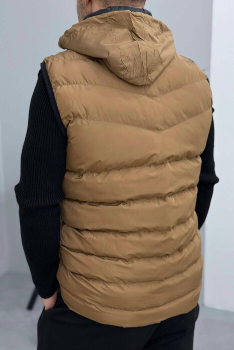 HOOD ZIPPER POCKET MEN VEST LIGHT BROWN/KAZB - 2