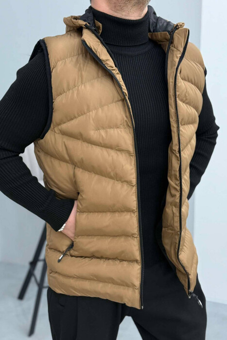 HOOD ZIPPER POCKET MEN VEST LIGHT BROWN/KAZB - 6