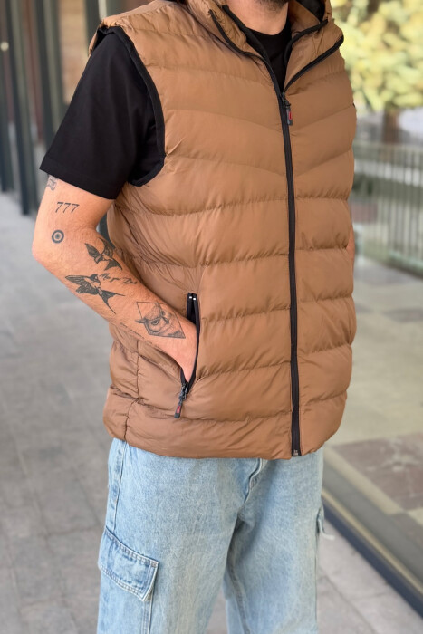 HOOD ZIPPER POCKET MEN VEST LIGHT BROWN/KAZB - 4