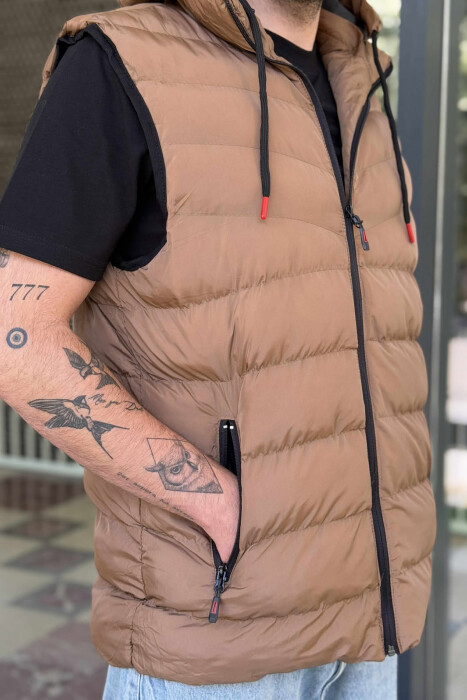 HOOD ZIPPER POCKET MEN VEST LIGHT BROWN/KAZB - 5