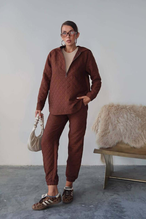 HOOD ZIPPERED SWEATSHIRT+TROUSERS WOMEN SET BROWN/KAFE - 1