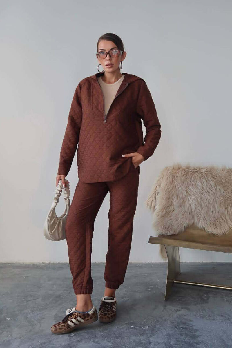 HOOD ZIPPERED SWEATSHIRT+TROUSERS WOMEN SET BROWN/KAFE - 1