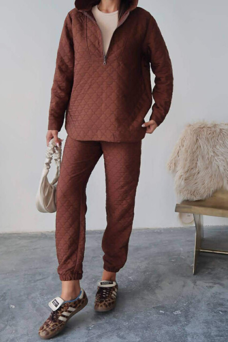 HOOD ZIPPERED SWEATSHIRT+TROUSERS WOMEN SET BROWN/KAFE - 3