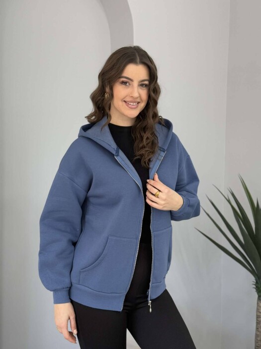 HOODED FLUFFY WOMEN JACKET BLUE/BLU - 3