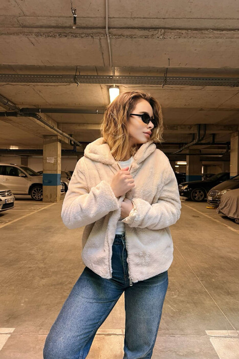 HOODED FLUFFY WOMEN JACKET IN CREAM COLOR - 7