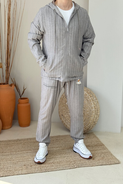 HOODED JACKET+PANTS LACINGS STRIPES MEN SET GREY/GRI - 1