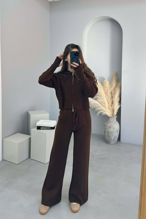 HOODED JACKET+TROUSERS KNIT WOMEN SET BROWN/KAFE - 1