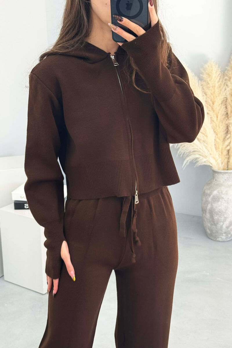 HOODED JACKET+TROUSERS KNIT WOMEN SET BROWN/KAFE - 3