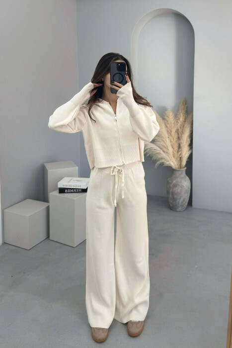 HOODED JACKET+TROUSERS KNIT WOMEN SET CREAM/KREM - 1
