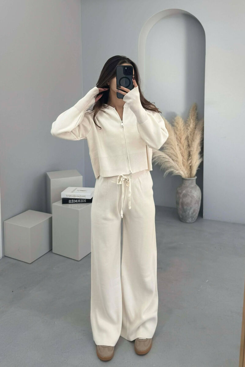 HOODED JACKET+TROUSERS KNIT WOMEN SET CREAM/KREM - 1