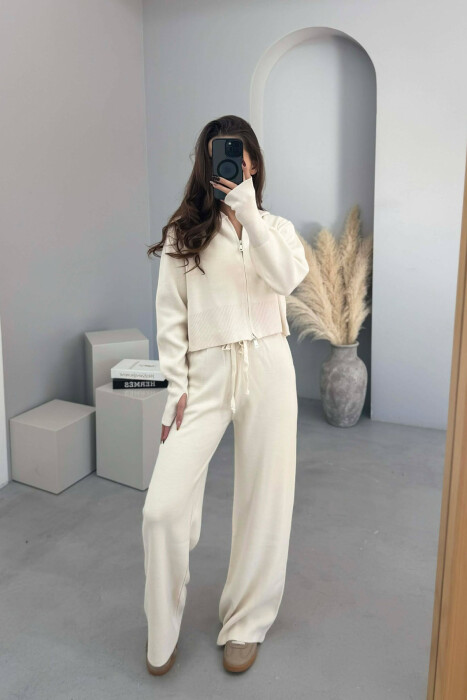 HOODED JACKET+TROUSERS KNIT WOMEN SET CREAM/KREM - 2
