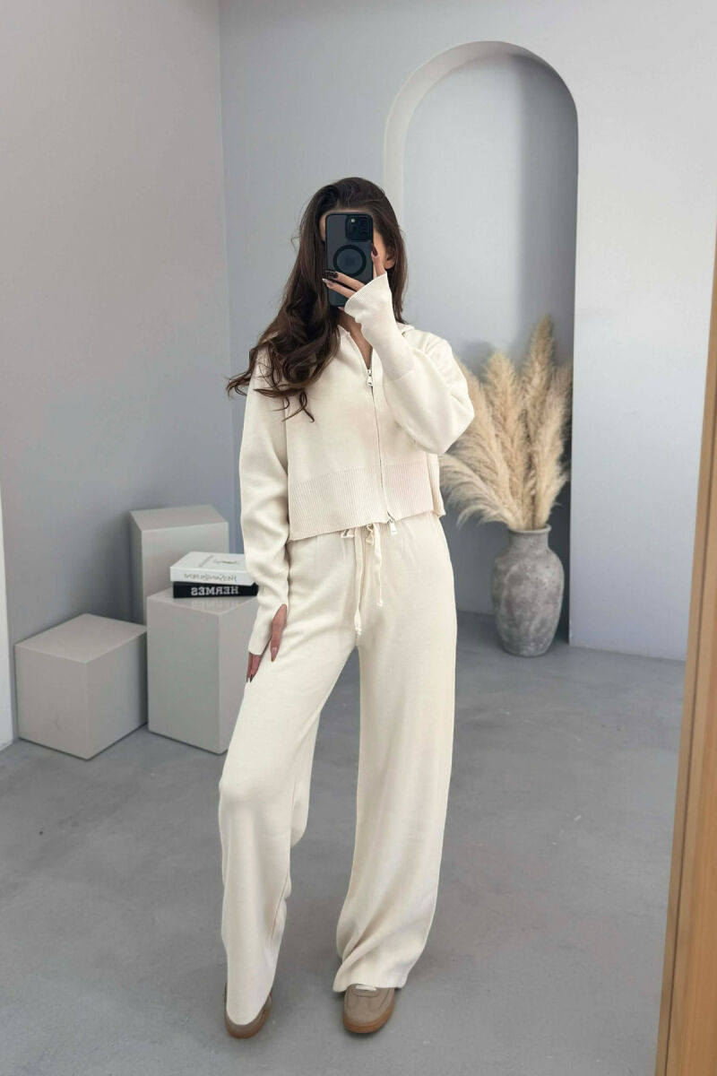 HOODED JACKET+TROUSERS KNIT WOMEN SET CREAM/KREM - 2