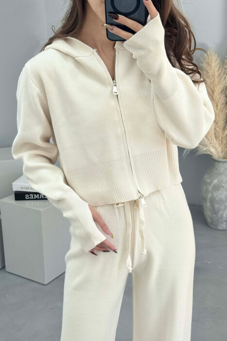 HOODED JACKET+TROUSERS KNIT WOMEN SET CREAM/KREM - 4