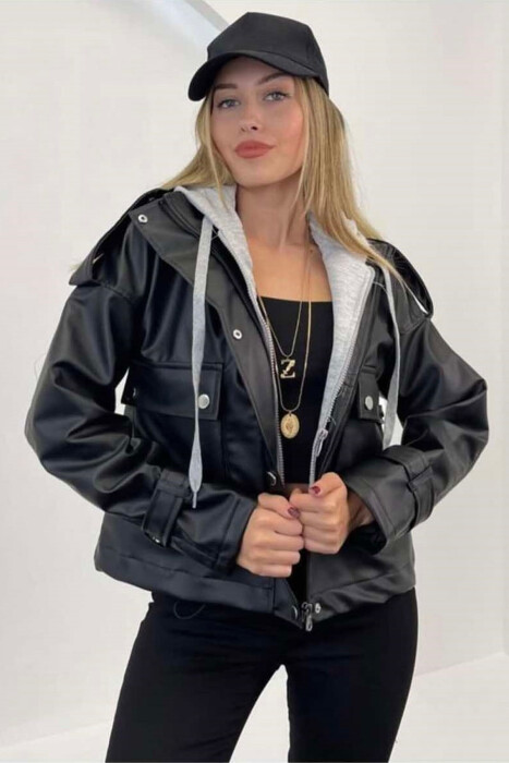 HOODED LEATHER WOMEN JACKET IN BLACK COLOR - 2