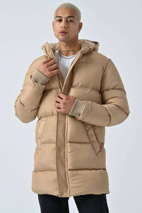 HOODED MEN PUFFER JACKET IN BEIGE COLOR - 1