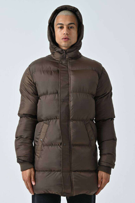 HOODED MEN PUFFER JACKET IN BROWN COLOR - 1