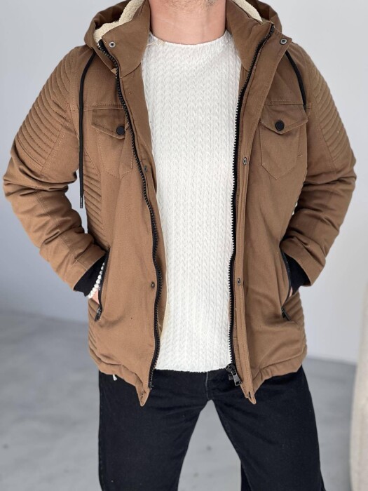 HOODED MEN PUFFER JACKET IN BROWN COLOR - 1