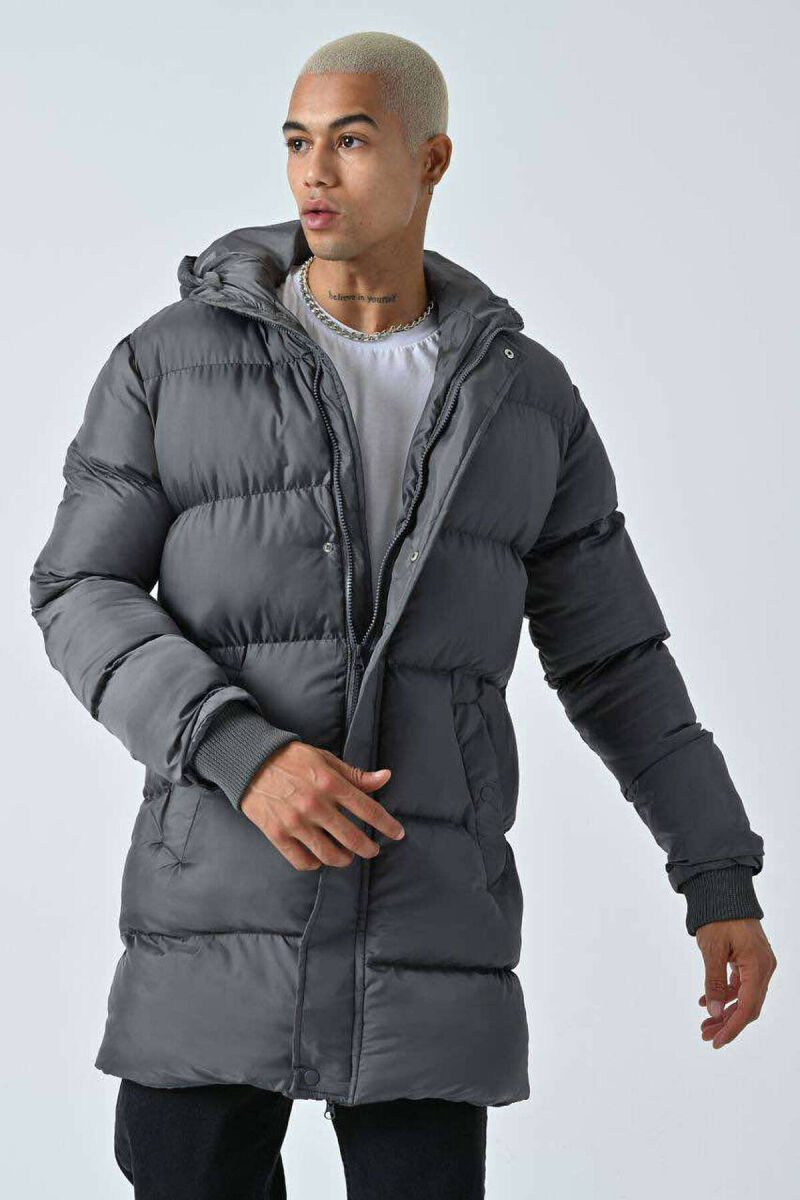 HOODED MEN PUFFER JACKET IN DARK GREY COLOR - 1