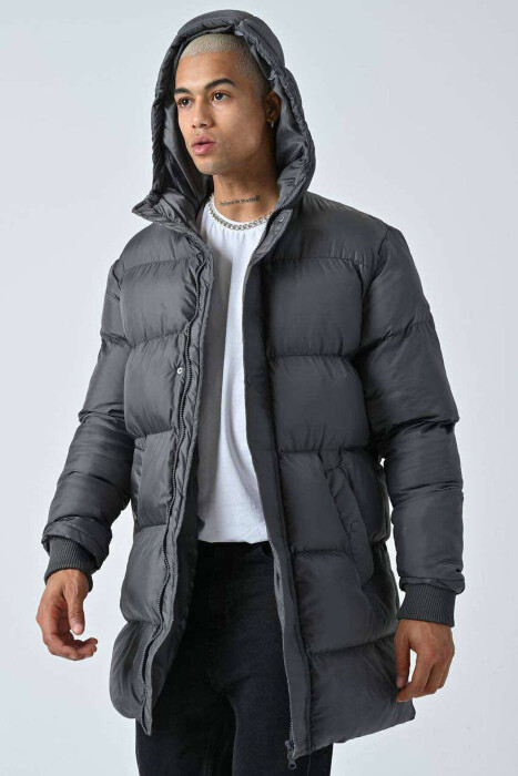 HOODED MEN PUFFER JACKET IN DARK GREY COLOR - 2