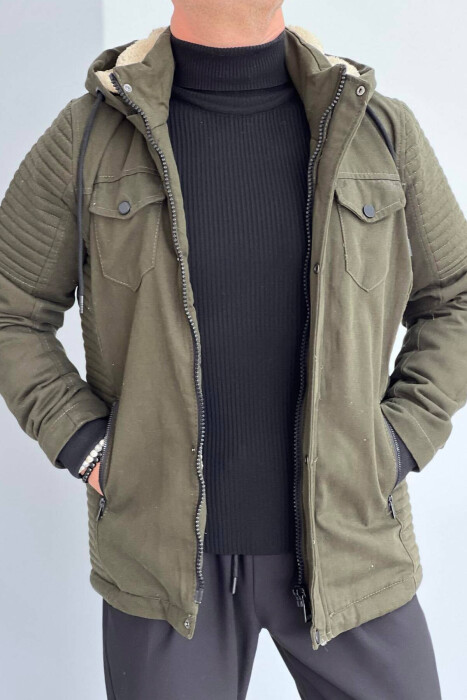 HOODED MEN PUFFER JACKET IN LIGHT GREEN COLOR - 1