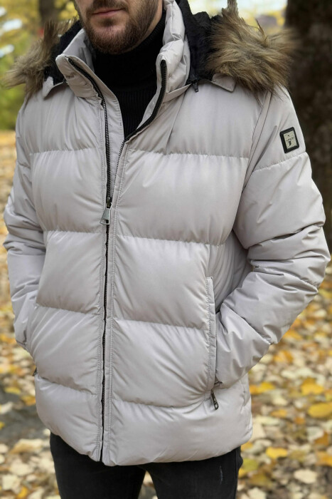 HOODED ONE COLOR MEN PUFFER JACKET LIGHT GREY/GZ - 3