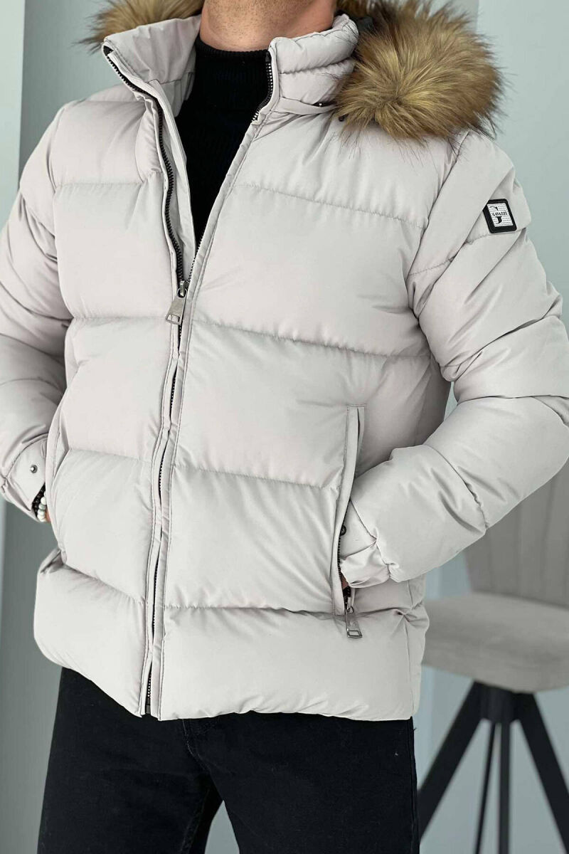 HOODED MEN PUFFER JACKET IN LIGHT GREY COLOR - 1