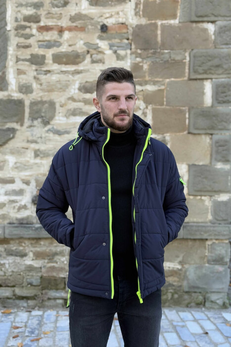 HOODED MEN PUFFER JACKET DARK BLUE/BEE - KLAUDIO FASHION