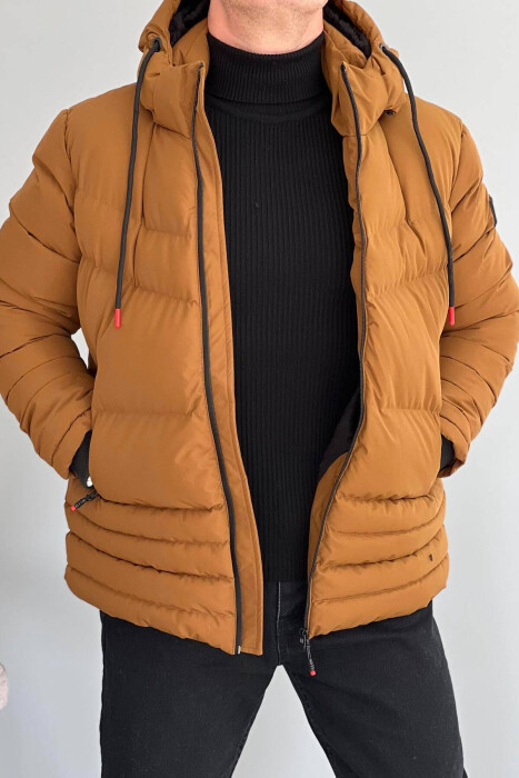 HOODED MEN PUFFER JACKET IN BROWN COLOR - 1