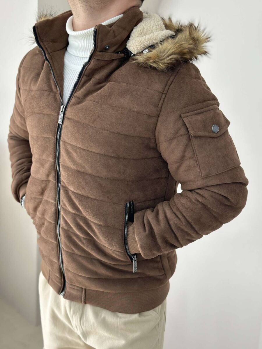 HOODED MEN PUFFER JACKET IN DARK BROWN COLOR - 1